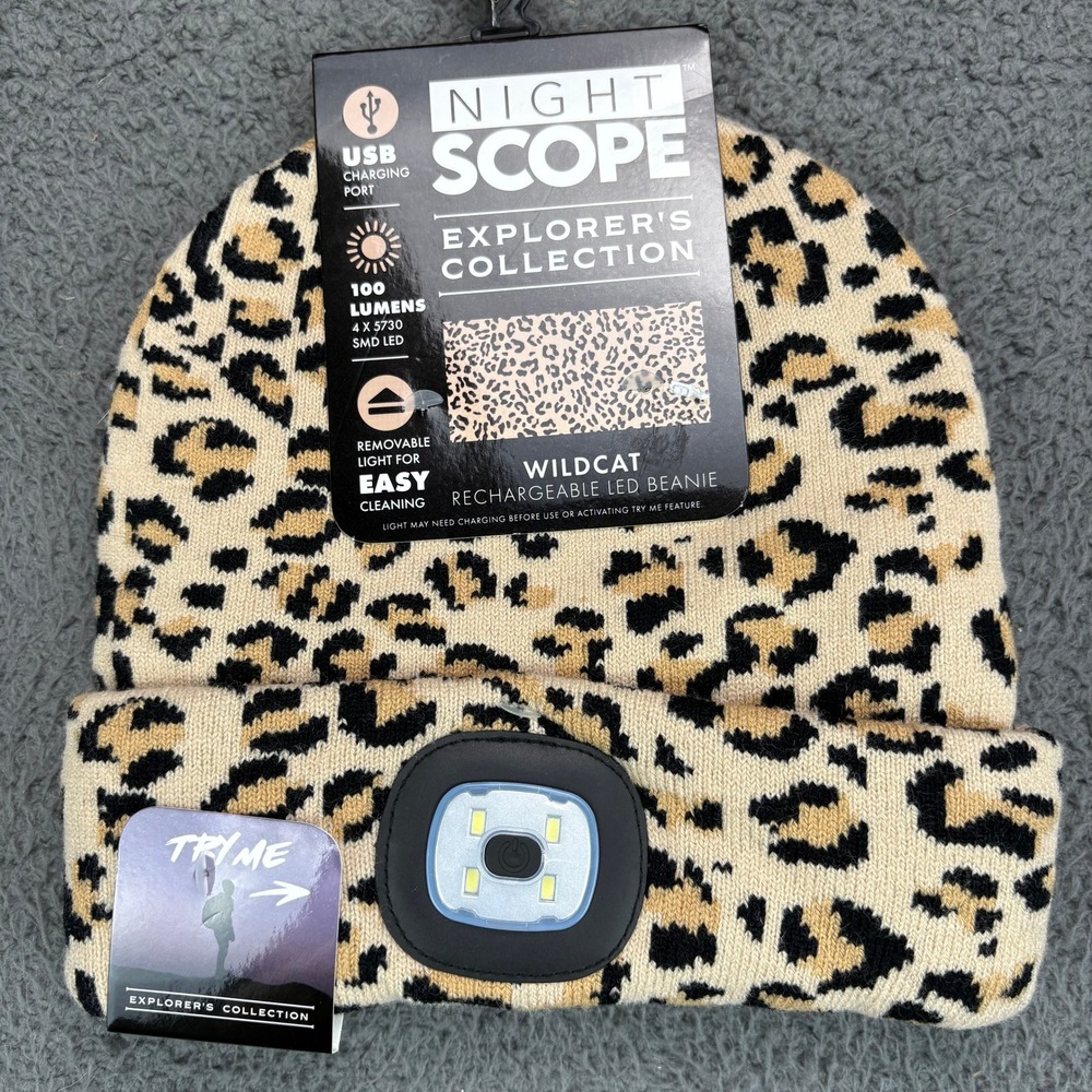 Night Scope Explorer Wildcat Rechargeable LED Beanie Leopard Print USB Hat‎